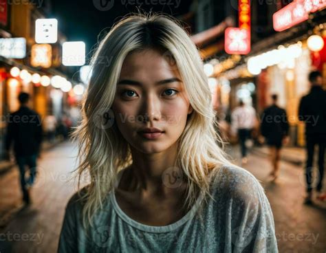 photo of beautiful young girl in china local street market at night, generative AI 34920504 ...