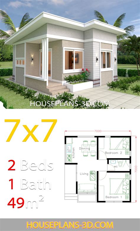 Small House Design 7x7 with 2 Bedrooms - House Plans 3D | Projetos de casas simples, Projetos de ...