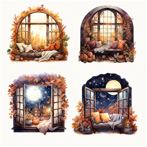 15 Cozy Autumn Window View Clipart, Watercolor Fall Art, Quality Art ...