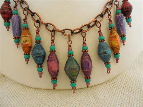 paper bead "dangles" necklace | Beaded necklace designs, Paper beads ...