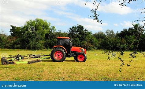 Tractor Cut Grass Haymaking On Farmland Field, Aerial View Royalty-Free Stock Photo ...