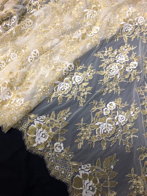 Gold and white Chantilly Lace Fabric sell by yard high | Etsy