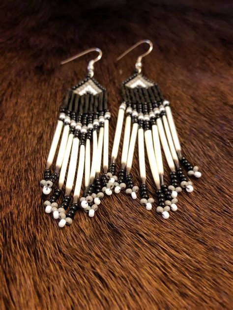 Porcupine Quill Earrings - Native American - Black and Gray - Glass Beads - Authentic - Powwow ...