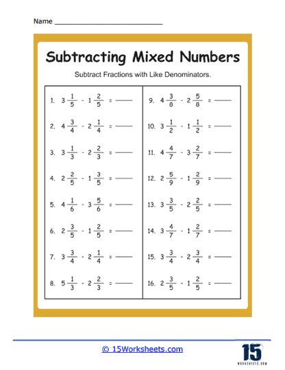 Subtracting Mixed Numbers Worksheets - 15 Worksheets.com