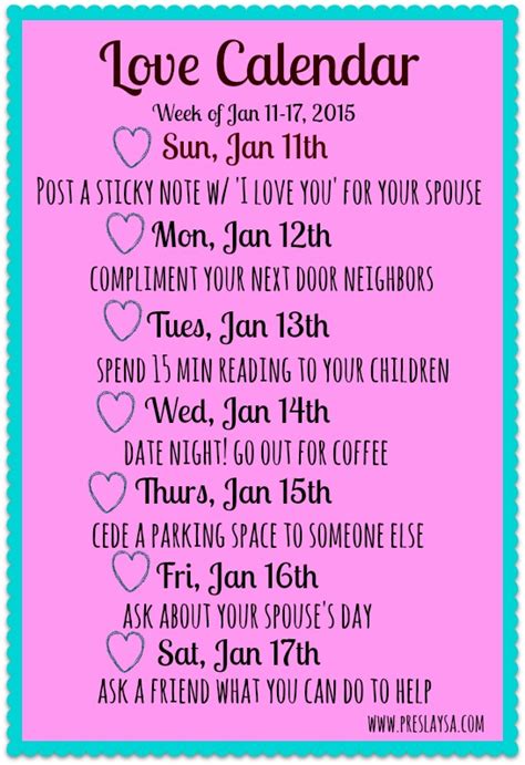 Free Printable Love Calendar, Week of Jan 11, 2015 - Preslaysa Williams