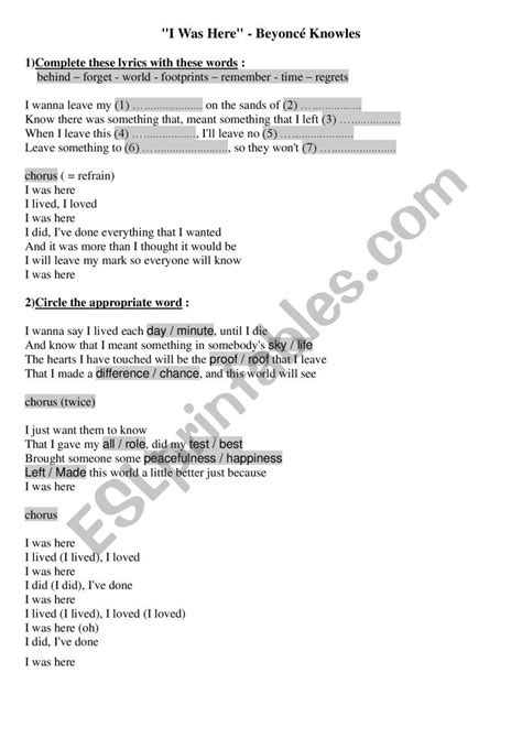 I was Here - Beyoncé Knowles - complete the lyrics - - ESL worksheet by ...