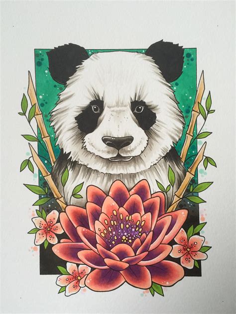 Panda tattoo print, animal wall art, wildlife art, panda gifts, tattoo design, save the pandas ...