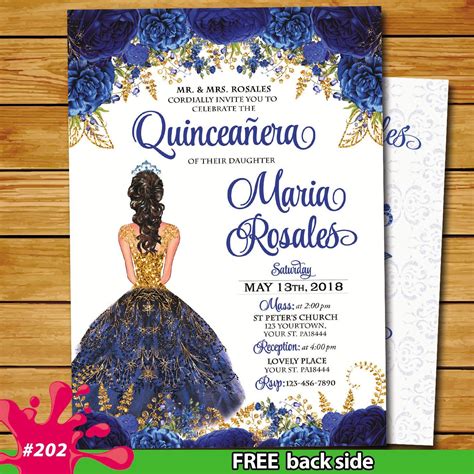 Royal Blue Roses Quinceañera invitation Gold Silver Royal Blue Miss ...