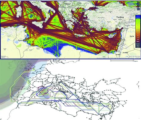 Top: Density of marine traffic lanes in the Mediterranean (Credit: Live ...