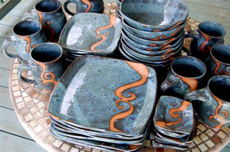 Handmade Pottery Dinnerware Set Slate Blue Stoneware Pottery Dinnerware Set