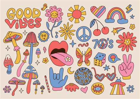Big set of Retro 70s groovy elements, cute funky hippy stickers. Cartoon daisy flowers ...