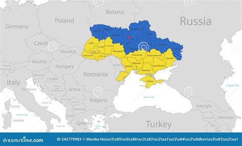 Map of the Ukraine in the Colors of the Flag with Individual Regions ...