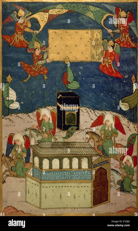 Mecca. Angels decorating the Kaba at the birth of prophet Muhammad. Miniature. Book of Sufti ...