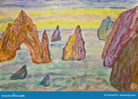 Rocks in sea, painting stock illustration. Illustration of rock - 23414678