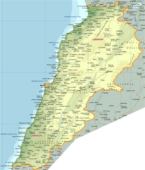 Detailed elevation map of Lebanon with roads, railroads and all cities ...