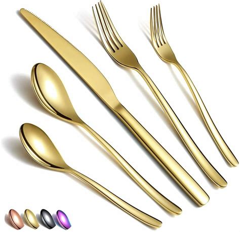 Just Houseware Gold Silverware Set 20 Pieces, Stainless Steel Flatware Set, Titanium Plating ...