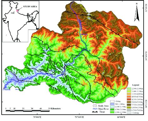 Digital elevation model (DEM) showing elevation variations (m) for the ...