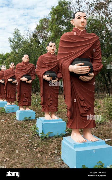 Row of statues of the 500 Arahant followers of Buddha at Win Sein Taw Ya, Mudon near Mawlamyine ...