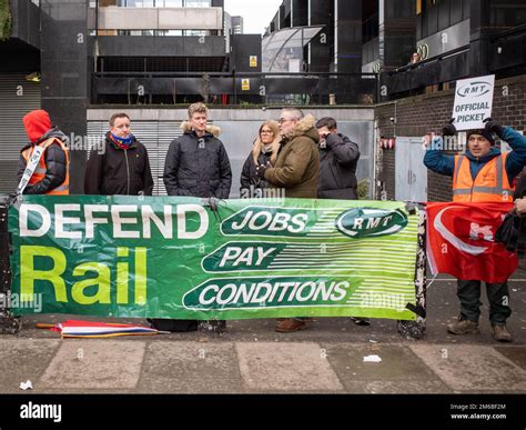 RMT train drivers picket line outside St Pancras train station during the strike action, January ...