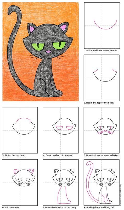 How to Draw a Cartoon Black Cat: Easy Step-by-Step Art Lesson for Kids | Black cat drawing ...