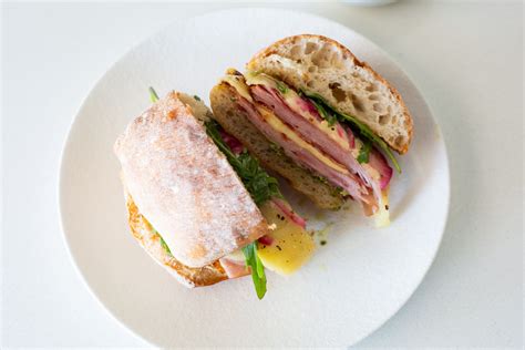 Grilled mortadella sandwich with quickled red onions, pesto and mustard mayo | Food & Home Magazine