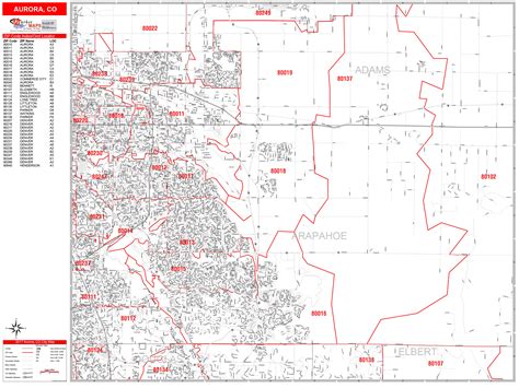 Aurora Colorado Zip Code Wall Map (Red Line Style) by MarketMAPS