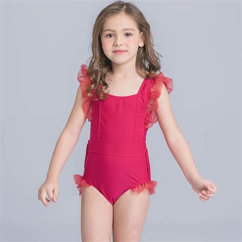 2017 Red Lace Swimsuit Girls One Piece Swimwear Solid Bodysuit Children Beachwear Sports Swim ...