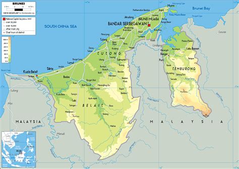 Large size Physical Map of Brunei Darussalam - Worldometer