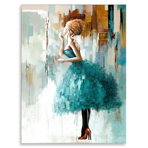 Muro Artes Fine Art Oil Paintings, Hand Painted Modern Girl in Dress Teal Wall Art, 24x36 Inch ...