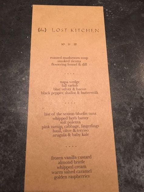 FOUND! THE LOST KITCHEN — Wandering with Val | Menu restaurant, Dessert toppings, How to cook ...