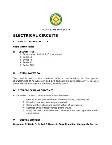 Electrical Circuits 1- Basic Circuit Types - AKLAN STATE UNIVERSITY ...