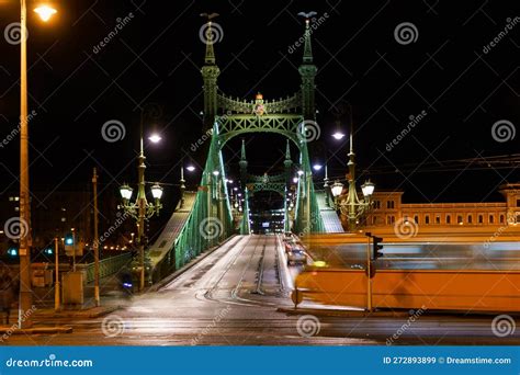 Nightlife, Cityscape with a Bridge and a Tram at Budapest Stock Image ...