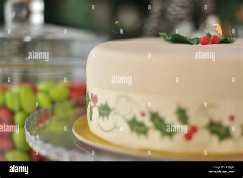 Delicious Marzipan Christmas Cake with christmas decorations Stock ...