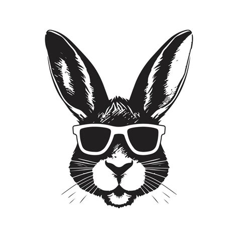 cool bunny with sunglasses, vintage logo line art concept black and white color, hand drawn ...