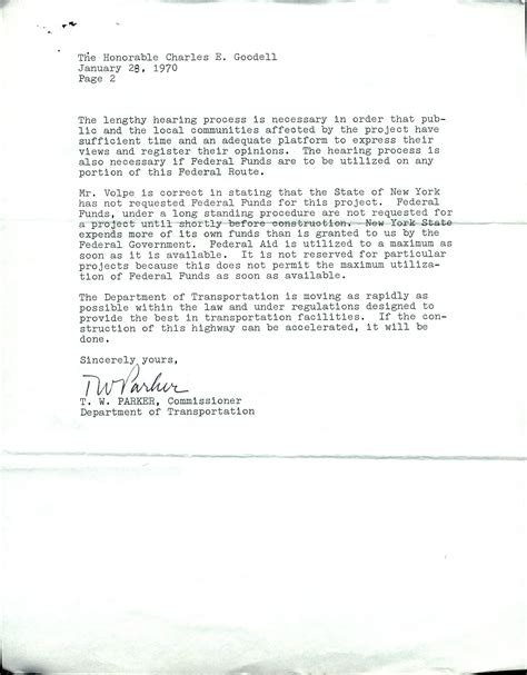 Letter, T. W. Parker, New York Department of Transportation to United States Senator Charles ...