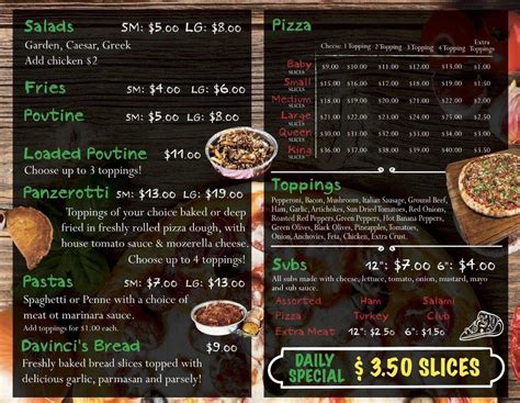 Menu at DaVinci's Pizza pizzeria, Windsor