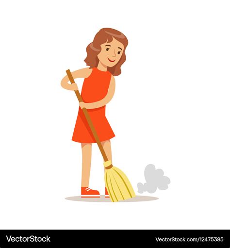 Girl sweeping the floor with broom smiling Vector Image