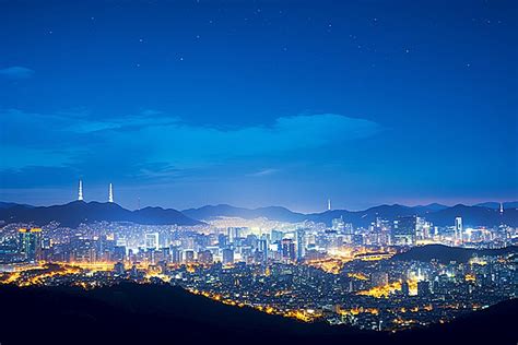 Seoul Skyline At Night With Lights And Blue Sky Background, High ...