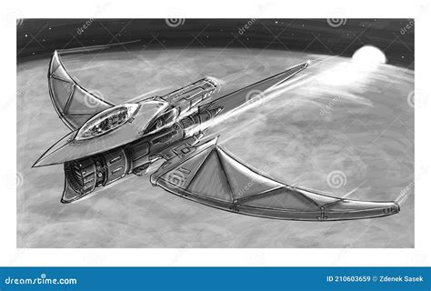 Sci-fi Spaceship or Spacecraft Flying Over Planet, Concept Art Design ...