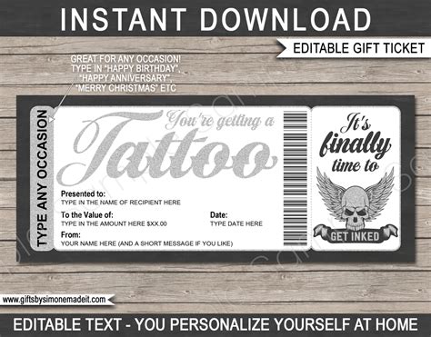 Tattoo Gift Certificate Card Template | DIY Printable Gift Voucher