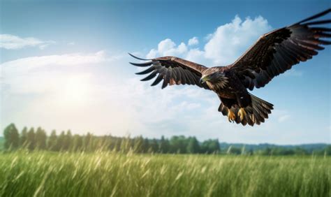 Bald Eagle Flying on Green Field Blue Sky Background. Generative Ai ...