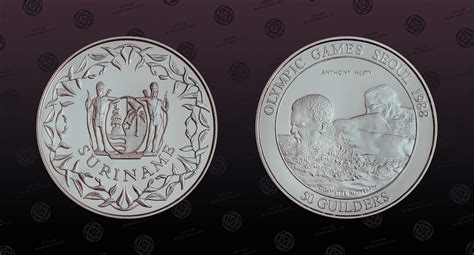 SURINAME, KM# 28, Silver, 50 Guilder, 1988, Proof, Olympics Seoul 1988 - Swimmer Anthony Nesty ...