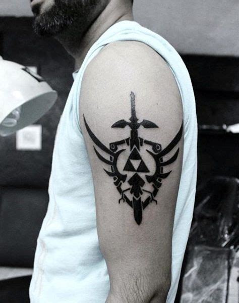 Small Black Ink Zelda Video Game Shield With Sword Male Tattoo Ideas ...