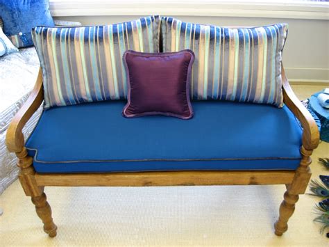 Custom fit bench cushion with contrast welt, velvet pillows and throw pillow with pleated trim ...