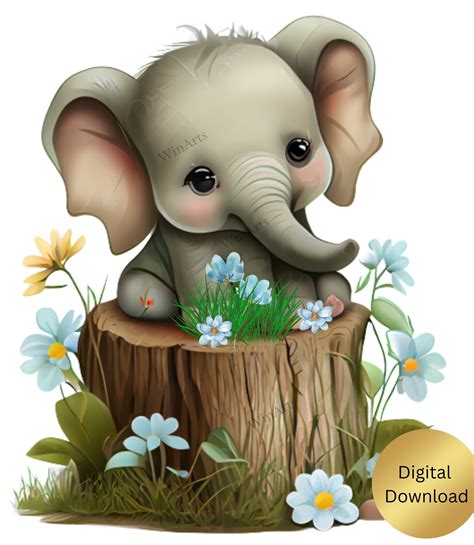 Baby Elephant Art Cute Baby Elephant Sitting on a Log - Etsy