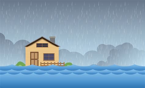 Flood natural disaster with house, heavy rain and storm , damage with ...