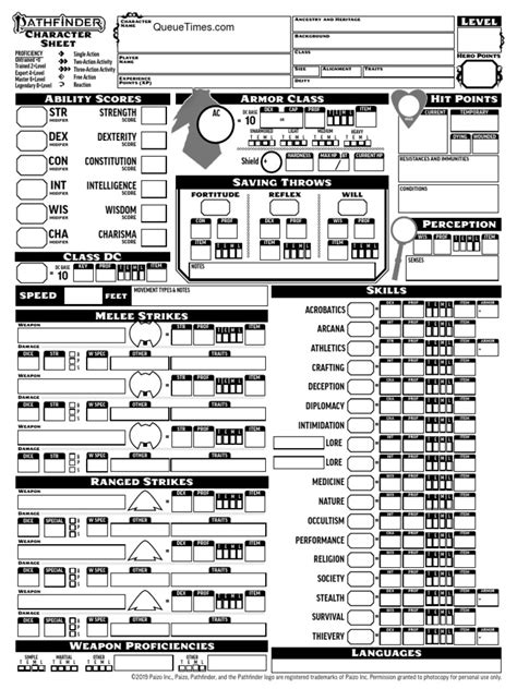 Pathfinder 2 Character Sheet | Gary Gygax Games | Fantasy