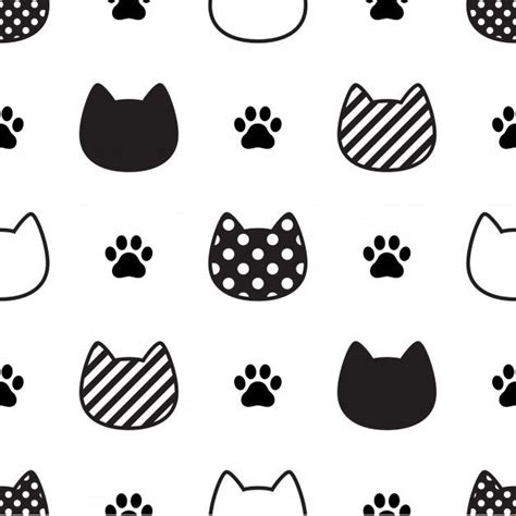 Premium Vector | Cat seamless pattern kitten head paw footprint ...