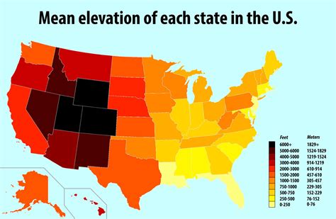 Mean elevation of each state in the U.S. [OC] [2300x1500] | Illustrated map, Map, Usa map