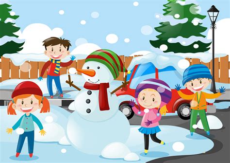 Many kids standing in the snow 369016 Vector Art at Vecteezy